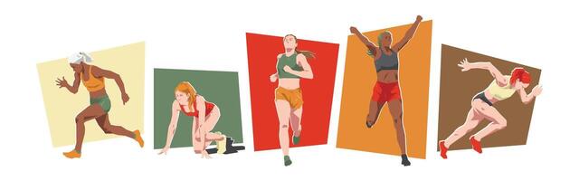 Set of female sprinter runner with different pose, gesture. Isolated on white background. Graphic illustration. vector