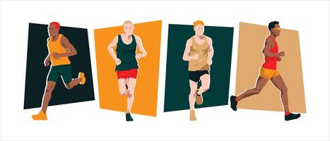 Set of male marathon runner with different pose, gesture. Isolated on white background. Graphic illustration. vector