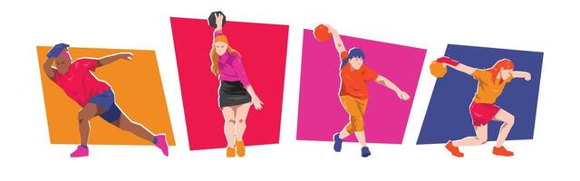 Set of female playing bowling with different poses. Isolated on white background. Flat character illustration vector