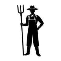 Robust farmer wielding a pitchfork while standing confidently in clean isolated silhouette art vector
