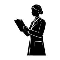 Medical professional confidently holds a clipboard and pen in a refined clear display vector