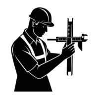 Experienced engineer using a caliper for precise measurement on a flat surface in isolated silhouette vector