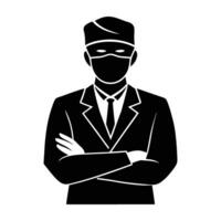 Refined silhouette showing a surgeon with mask and cap standing poised on white background vector