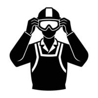 Experienced engineer fine-tuning safety goggles on flat surface in isolated silhouette art vector