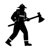 Valiant firefighter carrying an axe with strength in clear silhouette form vector