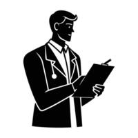 Efficient doctor holding a clipboard and pen while taking notes on white background vector
