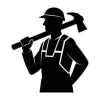 Sturdy construction worker holding a hammer over his shoulder in strong silhouette vector