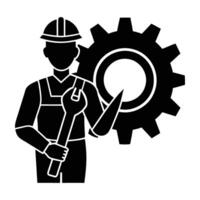 Skilled engineer presenting gear and wrench in hand within isolated silhouette design for accuracy vector