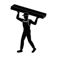 Energetic construction worker hoisting a wooden plank with dynamic silhouette vector