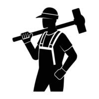 Robust construction worker with a hammer held over shoulder depicted in clean silhouette vector