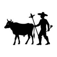 Skilled farmer guiding a cow in flat style within isolated silhouette for rural leadership vector