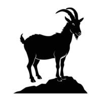 Sturdy billy goat standing on rugged rocky surface with prominent horns silhouette vector