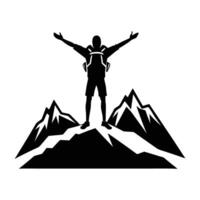 Impressive silhouette of a backpacker on a mountain peak with raised arms on white background vector