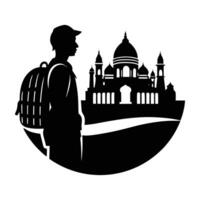 Vibrant silhouette of an augmented reality tourist exploring ancient landmarks on a pure white background vector