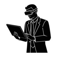Modern businessman employing augmented reality for work in a sleek isolated line art silhouette display vector