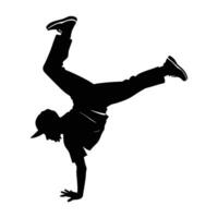 Dynamic bboy executing complex freeze move while balancing gracefully in silhouette vector