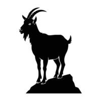 Robust billy goat standing on rocky surface displaying impressive horns in silhouette vector