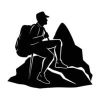 A peaceful hiker resting on a large rock while enjoying the view silhouette vector