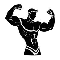 Energetic bodybuilder showcasing flexed biceps in striking pose with isolated line art silhouette vector