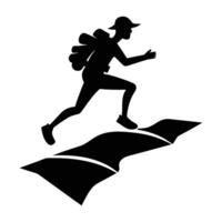 A daring hiker leaping across a small stream on a forest trail silhouette vector