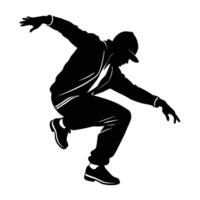 A focused hip hop dancer in a low crouch preparing for a jump silhouette vector