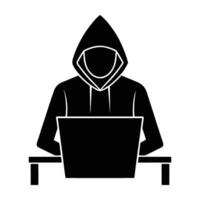 A secretive hacker in a hoodie focused on computer tasks with calm precision vector