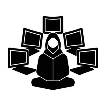 A determined hacker managing multiple screens with exceptional focus and expertise vector