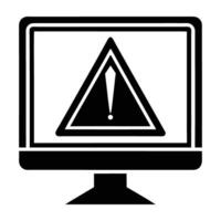 Sleek computer monitor showing a prominent warning sign in clean silhouette form vector
