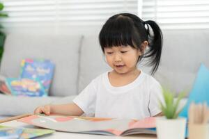 read book at home. daughter and reading a story. learn development, childcare, laughing, education, storytelling, practice, imagine, reduce addiction mobile phone photo