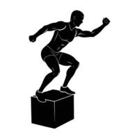 Vivid silhouette of an athlete executing an explosive box jump with energy on white background vector