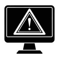 Modern computer monitor displaying a warning sign in bold flat silhouette style vector