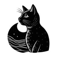 Observant cat watching something in the distance with focused intense silhouette expression vector