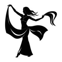 Dynamic belly dancer mid spin with flowing hip scarf and refined silhouette vector