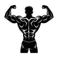 Intense bodybuilder demonstrating flexed back muscles in modern isolated line art silhouette design vector