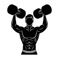 Man performs a dumbbell shoulder press with focused effort in a strong workout vector