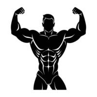 Vigorous bodybuilder posing with muscular arms in clean isolated line art silhouette design vector