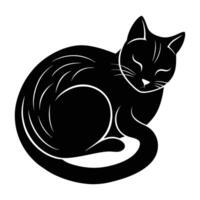 Cozy cat curled with tail draped over body in isolated line art silhouette vector