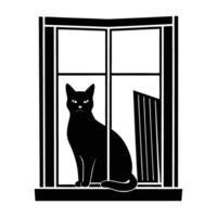 Observant cat sitting on windowsill looking outside with focused silhouette charm vector