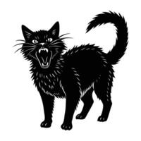 Alarmed cat with bristling fur reacting to a sudden stimulus in stark silhouette vector