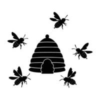 Energetic bees soaring near beehive with crisp white background silhouette vector