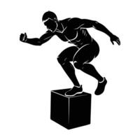Dynamic silhouette capturing an athlete performing an explosive box jump on white background vector