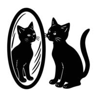 Charming curious kitten observing its reflection with wonder in isolated silhouette vector
