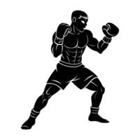 Focused boxer adopting a fierce fighting stance with gloves in isolated line art silhouette vector