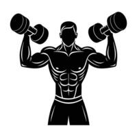 Strong man executing a hammer curl exercise with focus in clear silhouette vector