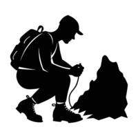 A determined hiker crouching to secure bootlaces on a rocky trail silhouette vector