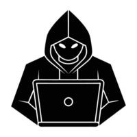 A discreet hacker wearing a hoodie working intently at a computer vector