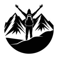 Vivid silhouette capturing a backpacker atop a mountain peak with raised arms on white background vector