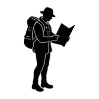 A focused hiker studying a map and planning their next journey silhouette vector