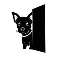 Alert curious dog cautiously peeking around a corner in isolated silhouette view vector