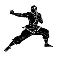 Dynamic black kung fu fighter executing swift kicks in bold silhouette vector
